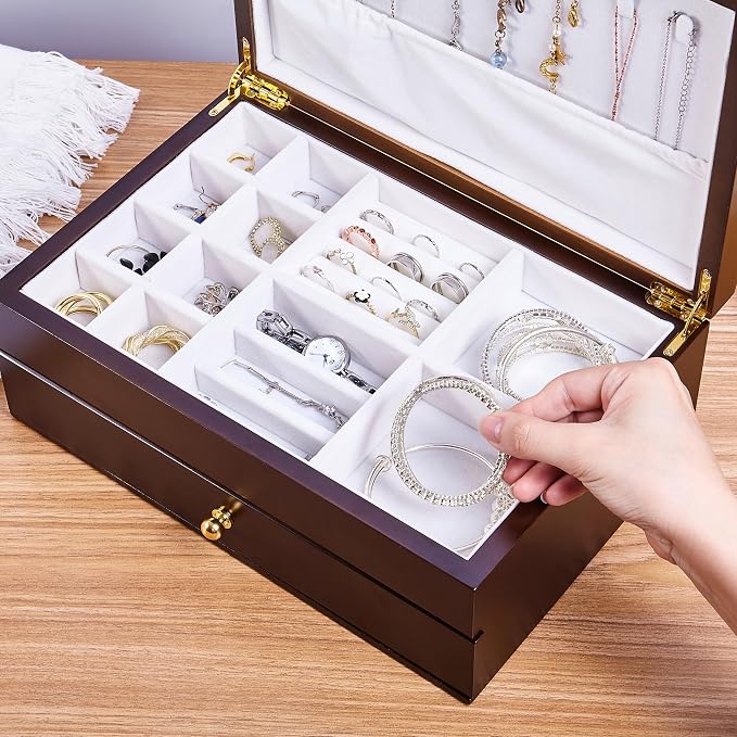 Wooden Jewelry Box with Drawer, 2-Layer Organizer, ek15-m-dark | Medium Size, Real Natural Solid Wood, Vintage Style Case with Earring Storage, Ring Compartments, and Necklace Hooks