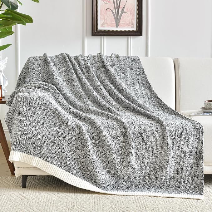 Chunky Knit Boucle Throw Blanket, Soft Washable Coastal Blanket for Bed Couch, Lightweight Cozy Oversized Feather Knit Blanket Indoor Outdoor for Sofa (Black, Throw 50"x60")
