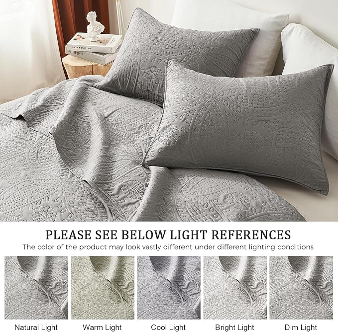 akkialla 118"x106" Grey California King Quilt Set, Oversized Floor-Length Bedspread, Modern Coin Pattern Microfiber Coverlet, 3-Piece All Season Bedding with 2 Pillow Shams