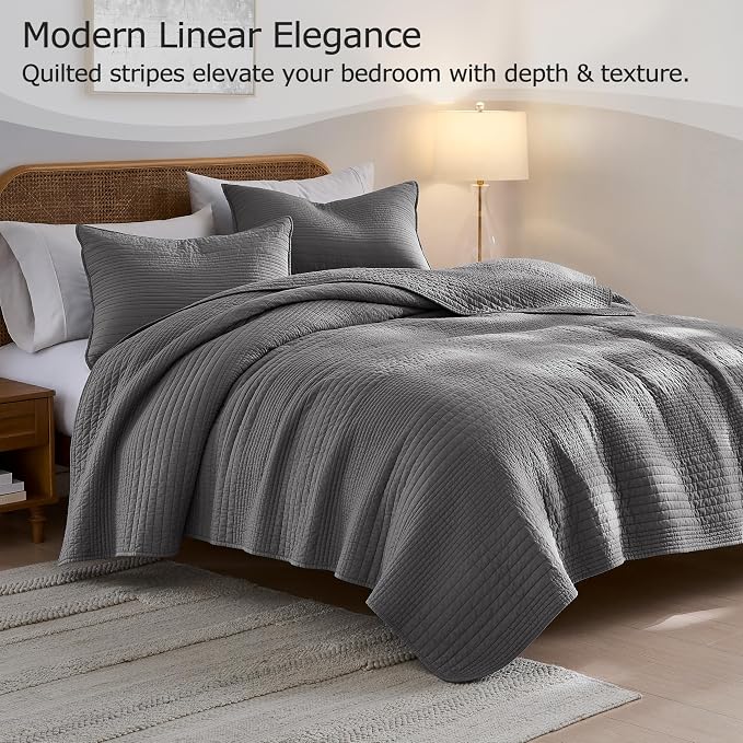 palassio Striped Dark Grey 100% Cotton Quilt Twin Size Bedding Sets, Lightweight Crinkly Channel Pick Stitch Textured Bedspread Soft Shabby Chic Farmhouse Country Coverlet for All Season, 1 Sham