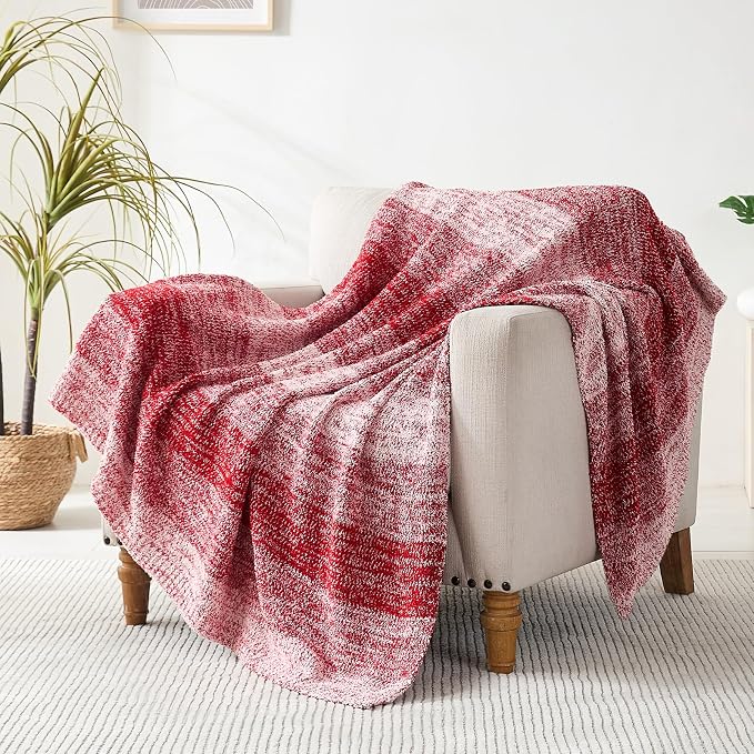 Soft Striped Throw Blanket for Couch, Cozy Warm Knitted Blankets | Lightweight Fuzzy Travel Warm Decor for Women, Mom, Girls, Sofa, Chair, 50x60in, Red Gradient