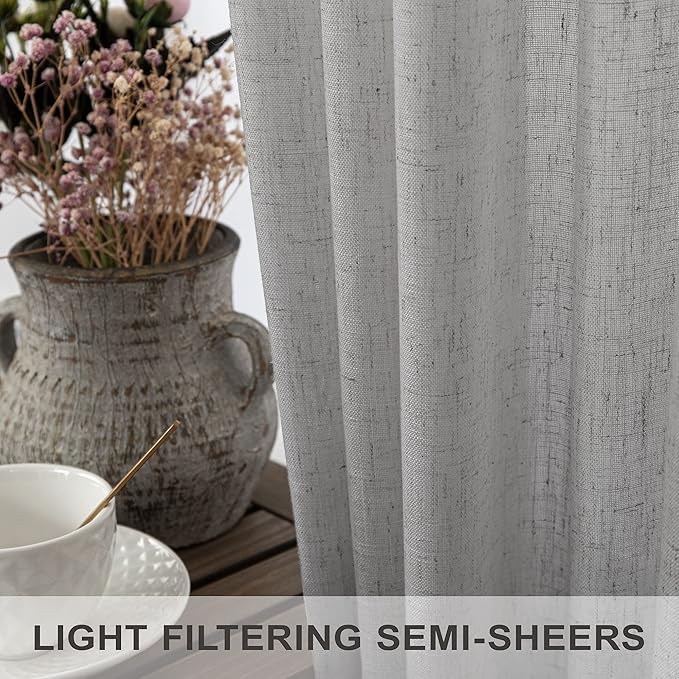 Light Grey Curtains 38 Inch Wide for Windows 2 Panel Back Tab Rod Pocket Light Filtering Semi Sheer Gray Linen Curtain for Bedroom Kitchen Door Living Room Modern Decor 38 Inch Width by 63 Inch Length