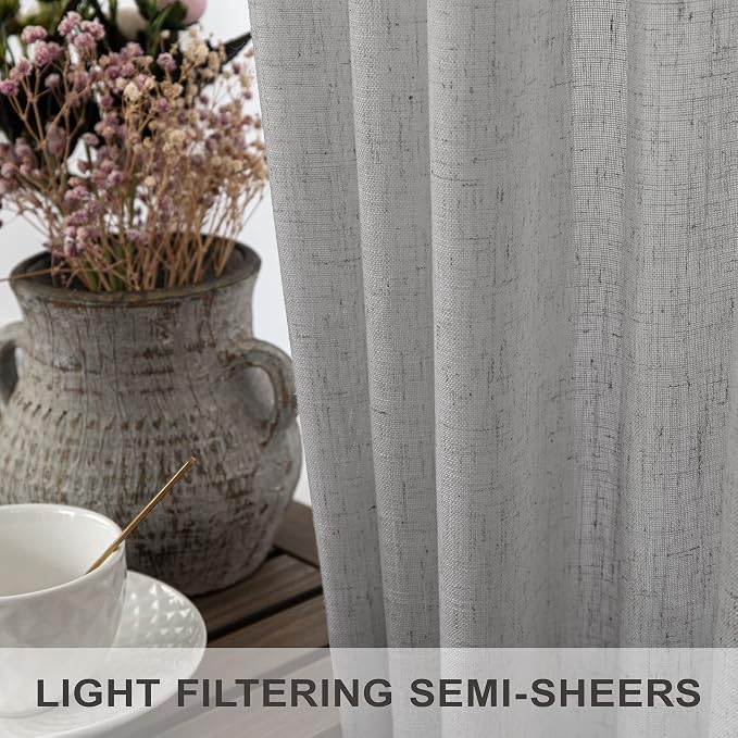 Grey Linen Curtains 63 Inch Length for Bedroom 2 Panels Back Tab Rod Pocket Semi Sheer Energy Efficient Light Gray Curtains for Living Room Kids Nursery Burlap Rustic Farmhouse Dove Silver 52x63 Long