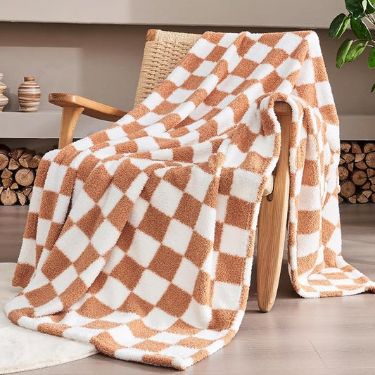 Caramel Orange Checkered Throw Blanket, Soft Plush Microfiber Fleece Blanket for Couch Sofa Travel, Cozy Decorative Home Blanket, All Season, 50x60 Inches
