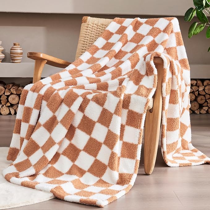Caramel Orange Checkered Twin Size Blanket, Soft Plush Microfiber Fleece Blanket for Couch Sofa Bed, Cozy Decorative Home Blanket, All Season, 60x80 Inches