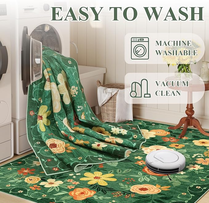 DUKINO 2.6x8 Runner Rug, Washable Rug for Hallway Non Slip, Dark Green | Low Pile, Soft, Floral Indoor Rug for Kitchen, Entryway, Bedroom, Bathroom, Pet Friendly, Stain Resistant, Modern Home Decor