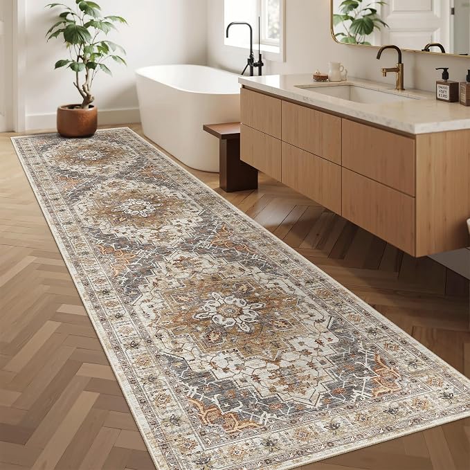 Madane Hallway Runner Rug 2'6''x10' Kitchen Runners Vintage, Turmeric/Grey | Non-Slip Washable Wide Rugs 2.5x10 Ft for Entryway Laundry and Bedroom, Soft Low Pile Stain-Resistant 10ft Floor Carpet