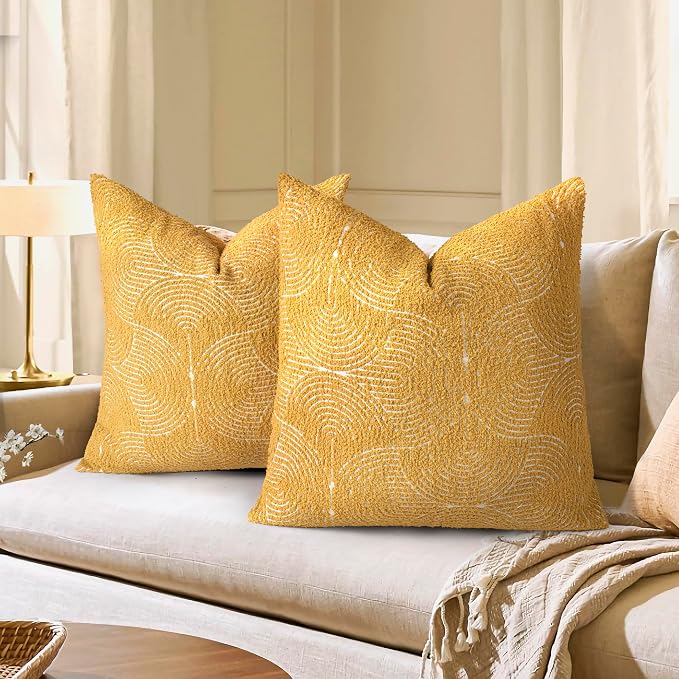 AELS Boho Decorative Textured Throw Pillow Covers 18x18, Organic Modern Mid Century Rainbow Tufted Pillow Case, Farmhouse Rustic Geometric Woven Cushion Case for Bed Couch Sofa, Mustard Yellow