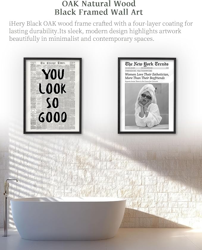 iHery 8x10in You Look So Good Framed Newspaper Wall Art | Premium Black OAK Wood Frame with Canvas Print, Vintage Newspaper Decor for Bedroom, Dorm, Vanity Room Living Room, 1Pack