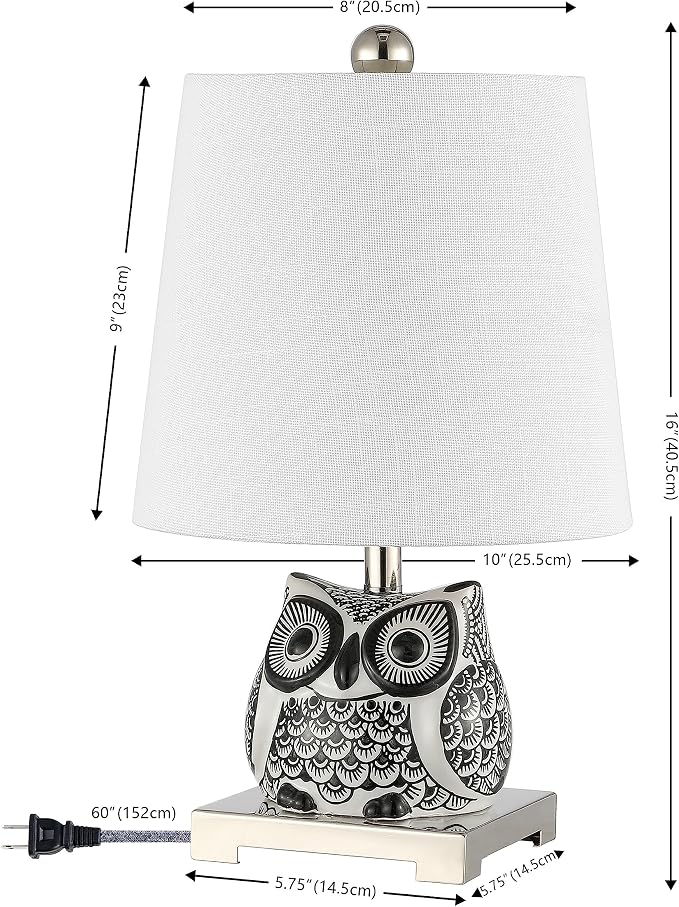 JONATHAN Y Justina Owl Mini Table Lamp 16" Ceramic, Black/White