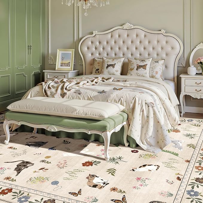AIMPEAK 9x12 Washable Area Rug - Non Slip Low Pile Cat Floral Boho Vintage Extra Large Carpet for Living Room, Master Bedroom, Farmhouse, Open Floor Plan, Kids Playroom, Nursery, Beige Multi