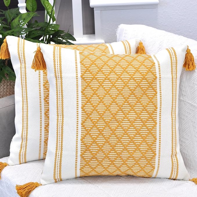 Boho Throw Pillow Covers with Tassels Mustard Yellow and White 18x18 inch -Set of 2 / Decorative Square Pillow Covers for Couch, Sofa/Farmhouse Woven Pillow Cases/Accent Cushion Covers
