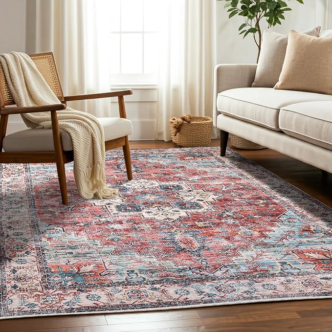 Machine Washable Area Rug, Soft & Durable, Non-Slip, Stain Resistant Rug for Bedroom, Living Room, Dining Room, High Traffic Areas. (Red/Sky Blue, 5' X 7')