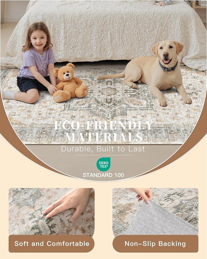 Madane Washable Runner Rug 2x6 Runners for Hallways Soft, Light Taupe Brown | Vintage Stain-Resistant 6 Feet Kitchen Rug, Non Slip Low-Pile Thin Floor Carpet Mat for Bathroom Laundry Room Bedroom 2x6ft