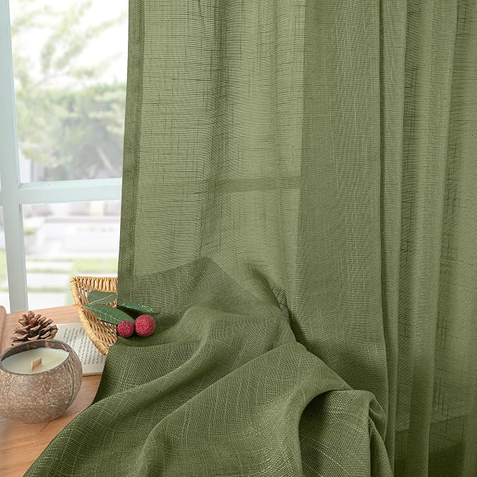 YoungsTex Olive Green Linen Curtains 40 Inch Length - Short Light Filtering Drapes Semi Sheer with Back Tab Rod Pocket for Bathroom Kitchen Window, 2 Panels, 42 X 40 Inch