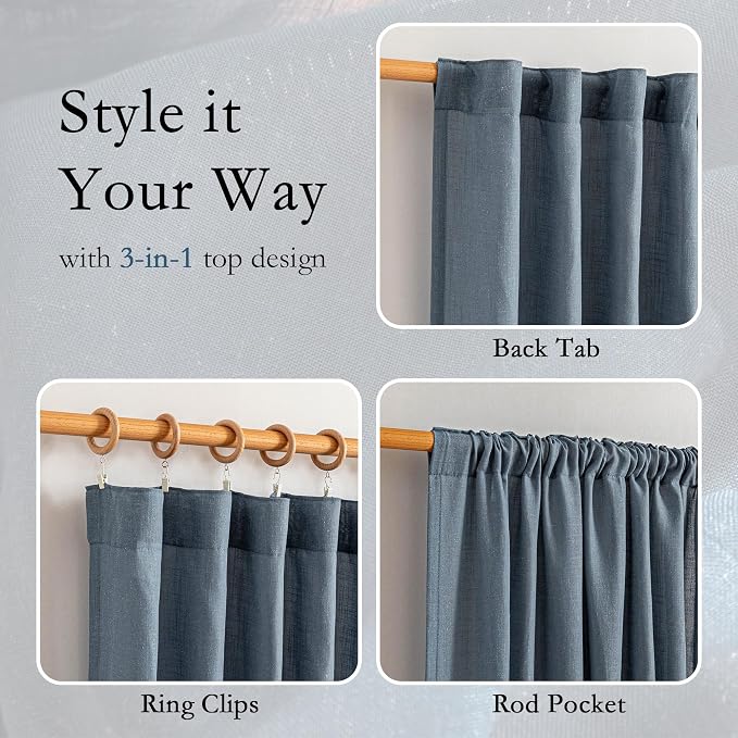MYSKY HOME Living Room Curtains 90 Inches Long Farmhouse Light Filtering Privacy Curtain Drapes for Patio Door, Linen Look Texture Fabric Bohemian Draperies Soft Touch, 100" Wide, Dusty Blue, 1 Pieces