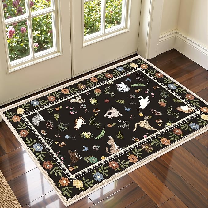 AIMPEAK Black 2x3 Washable Door Mat - Non Slip Low Pile Cat Floral Boho Small Area Rug for Entryway, Kitchen, Front Door, Indoor Entrance, Kids Room Throw Rug Carpet, Black Multi