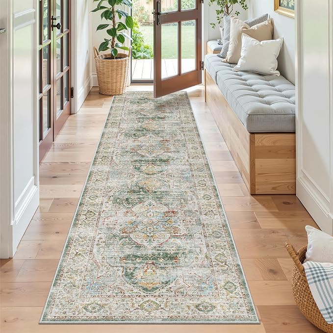 Madane Hallway Runner Rug 2x8 Washable Kitchen Rugs Non-Slip, Green | Vintage Machine Washable Low-Pile Floor Carpet 8ft, Soft Ultra-Thin Throw Entry Foyer Mat for Entrance Laundry Living Room