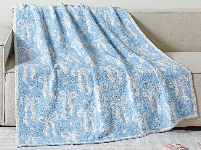 Buryeah Blue Bow Blanket Soft Microfiber Double Sided Bow Throw Blanket 50"x 60" Coquette Aesthetic Dormitory Room Decor Plush Sofa Chair Bedding Stuff for Women, Christmas Fall Thanksgiving Gifts