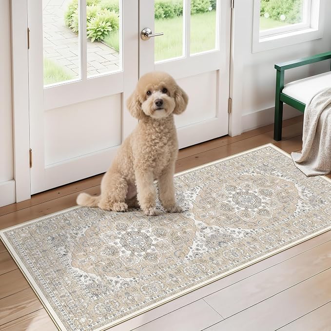 RUUGME Entryway 2x4 Runner Rug: Washable Vintage Kitchen Rugs Non-Slip Low Pile Lightweight Carpet for Hallway Bedroom Soft Thin Stain Resistant Floor Mat for Bathroom Laundry Room (Beige/Cream,2x4)