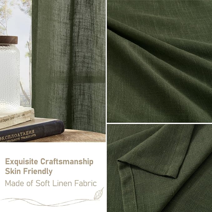Olive Green Linen Curtains for Living Room Bedroom, 52 x 108 Inch | Light Filtering, Semi Sheer, Curtains for Bedroom, Sliding Glass Door, Christmas Decor, Rod Pocket Back Tab, 52 x 108 Inch
