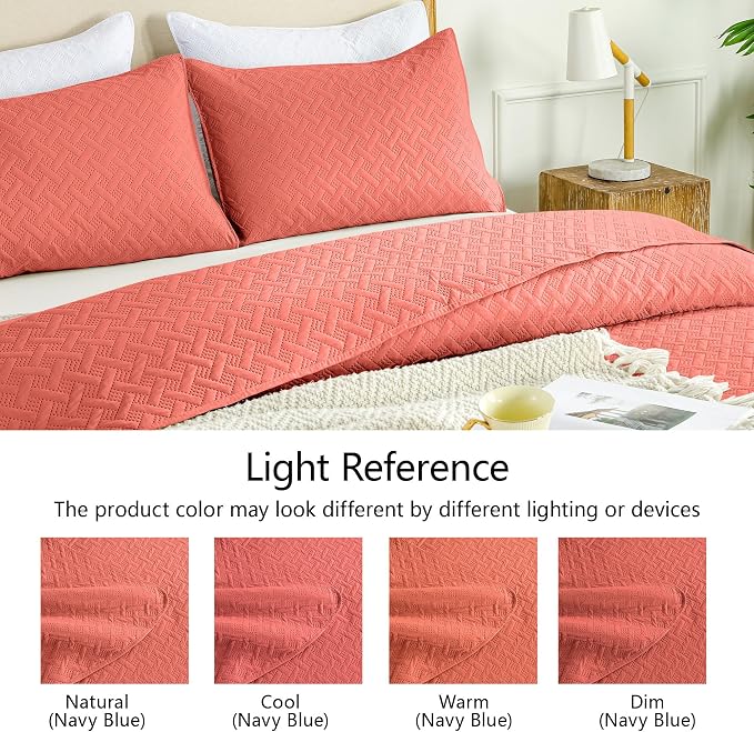 FLYMME Quilts Queen Size,Lightweight Coral Bedspreads,Basket Weave Pattern,Ultra Soft Microfiber Bed Coverlet 3 Pieces for All-Seasons (1 Quilt,2 Shams)