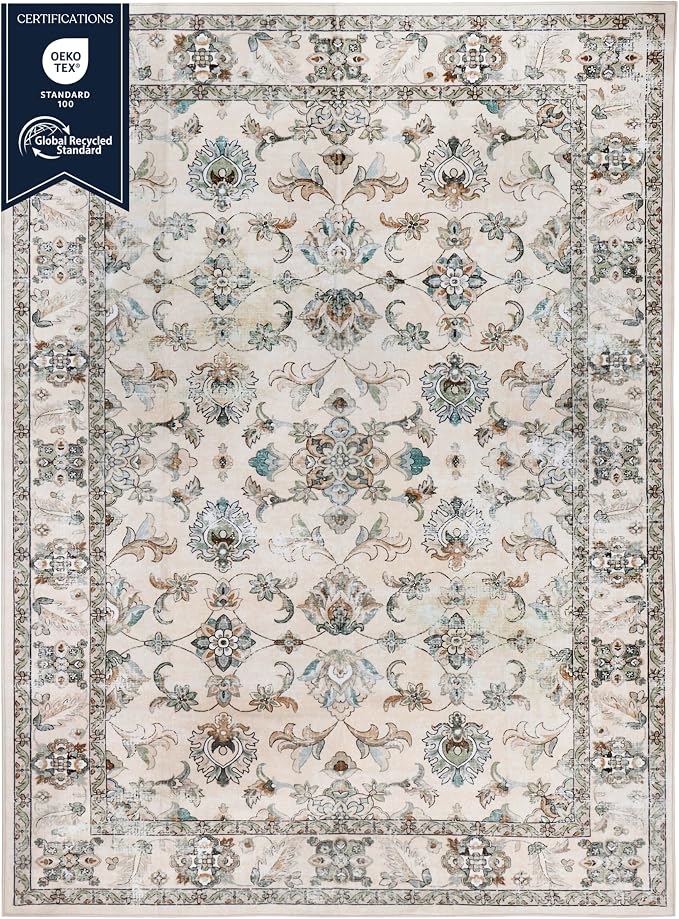 Machine Washable Area Rug, Soft & Durable, Non-Slip, Stain Resistant Rug for Bedroom, Living Room, Dining Room, High Traffic Areas, Eco- Friendly GRS Certified. (Ivory, 5' X 7')