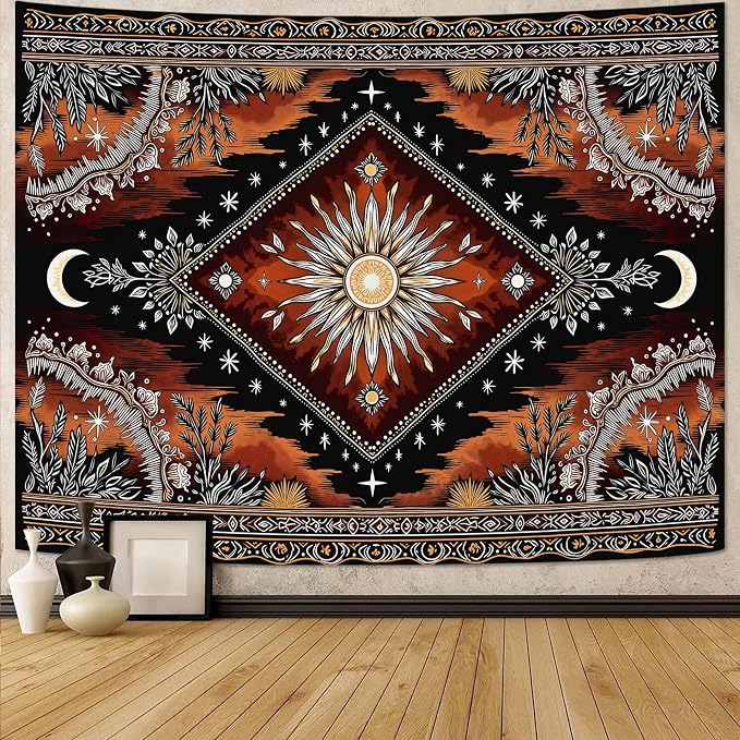 Accnicc Hippie Sun and Moon Tapestry Boho Mandala Floral Wall Tapestry for Bedroom Aesthetic Vintage Plant Celestial Dark Brown Small Tapestries Wall Hanging for Dorm Living Room Decor 48 x 36 Inch