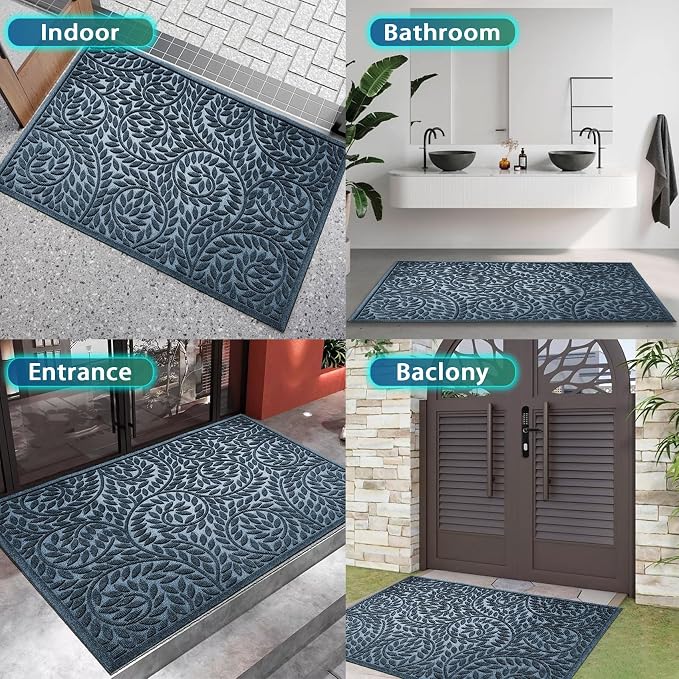 Bulijojo Front Door Mat Entrance,Durable Heavy Duty Welcome Mat,Thick Absorbent Natural Rubber Non Slip Mat, Sturdy Entryway Blue 47"x32"