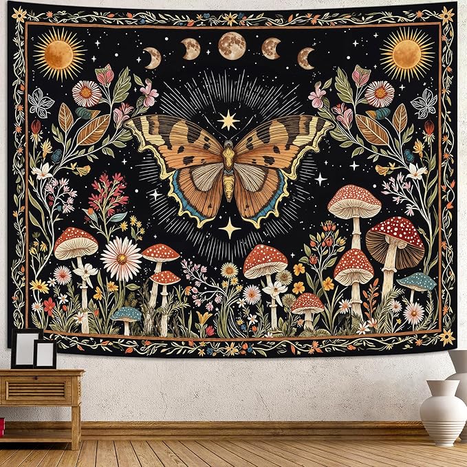 Accnicc Boho Butterfly Tapestry Mushroom Sun and Moon Hippie Wall Tapestry for Bedroom Aesthetic Vintage Floral Plant Large Tapestries Wall Hanging for Dorm Living Room Decor 80 x 60 Inch