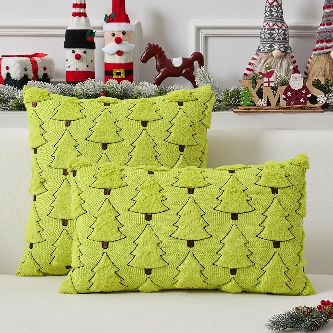 UGASA Christmas Tree Pillow Covers 18x18 Inch Set of 2 Soft Plush Faux Fur Luxury Embroidery Decoration Pillowcases for Couch Sofa Holiday Festivals Winter Xmas Gift, Green