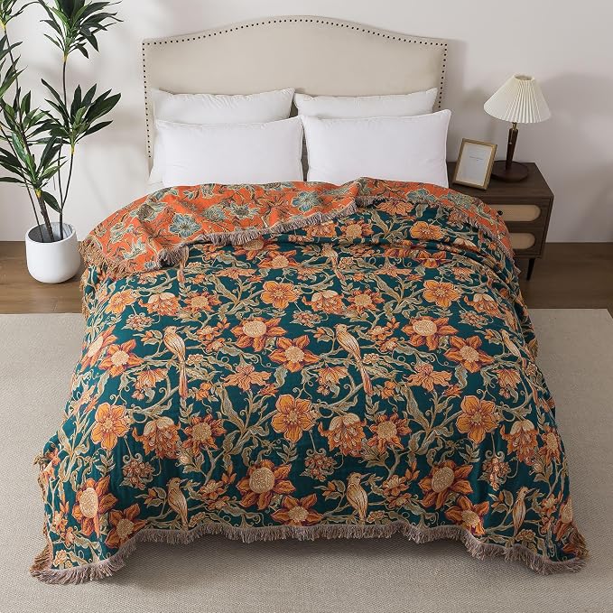 Phuryllic Boho Throw Blanket Twin Size, Soft Cozy Cotton Muslin Quilt Blanket for Bed Decor, Floral Patterned Couch Sofa Chair Cover, Vintage Farmhouse Cottage Tapestry Woven Blanket, Green&Orange