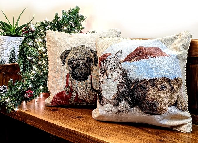 Tache 2 Piece Christmas Companions Tabby Cat Labrador Retriever Dog in Santa Hat Holiday Festive Tapestry Woven Throw Pillow Cushion Covers Set