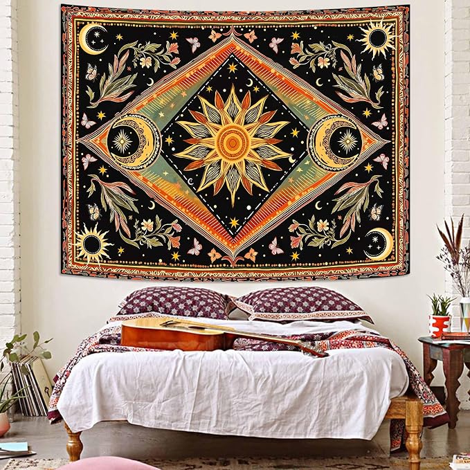Accnicc Hippie Sun and Moon Tapestry Boho Mandala Floral Wall Tapestry for Bedroom Aesthetic Vintage Plant Celestial Colorful Small Tapestries Wall Hanging for Dorm Living Room Decor 48 x 36 Inch