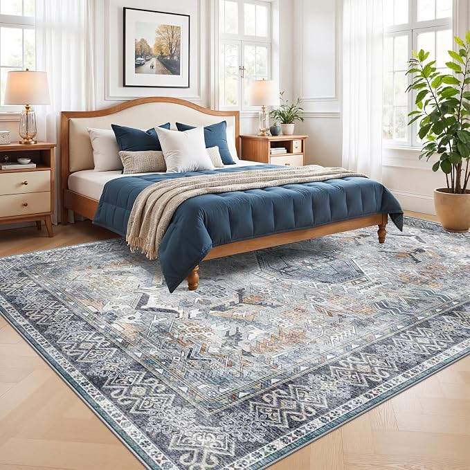 Washable Living Room Area Rug - 8x10 Large Bedroom Rug Distressed Oriental Non-Slip Non-Shedding Print Floor Carpet for Dining Room Kitchen (Grey/Blue,8 x 10)