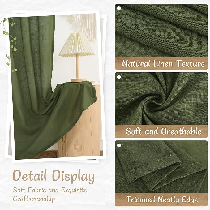 Semi Sheer Linen Curtains 48 Inch Length 2 Panels Set, Olive Green | Short Kitchen Curtains, Light Filtering Panels, Window Drapes for Bathroom, Small Windows, Back Tab Rod Pocket, 34 x 48 Inch