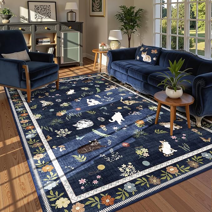 AIMPEAK 6x9 Washable Area Rug - Non Slip Low Pile Cat Floral Boho Vintage Carpet for Living Room, Bedroom, Farmhouse, Dining Room, Nursery, Girls Room, Kids Playroom, Navy Blue Multi