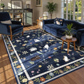 AIMPEAK 5x7 Washable Area Rug - Non Slip Low Profile Cat Floral Boho Carpet for Living Room, Bedroom, Farmhouse, Dining Room, Kids Playroom, Nursery, Vintage, Navy Blue Multi