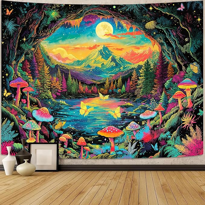 Zussun Blacklight Mushroom Forest Tapestry UV Reactive Nature Mountain Moon Butterfly Tapestry for Bedroom Aesthetic Landscape Small Tapestries Wall Hanging for Dorm Living Room Decor 60 x 44 Inch