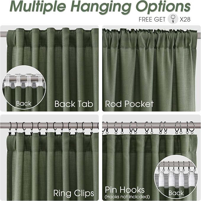Linen Curtains 84 Inches Long for Living Room Semi Sheer Light Filtering Curtain Back Tab Rod Pocket Neutral Boho Modern Farmhouse Decor Window Drapes for Bedroom 52x84 2 Panels Olive Green