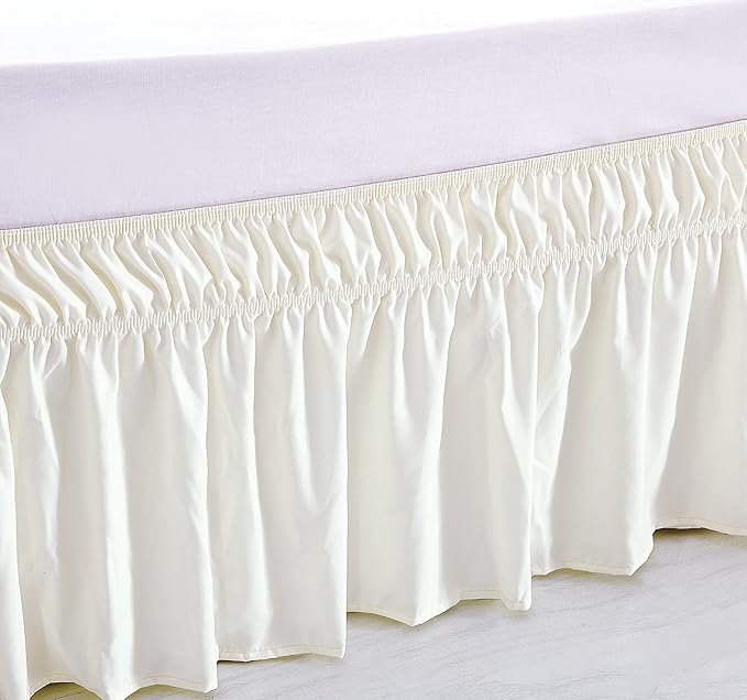 MEILA Wrap Around Elastic Bed Skirt for Twin & Full Beds, 18" Drop, Ivory | Three-Side Adjustable Elastic Dust Ruffle, Ruffled Polyester Fabric, Easy to Install, Fade Resistant & Machine Washable