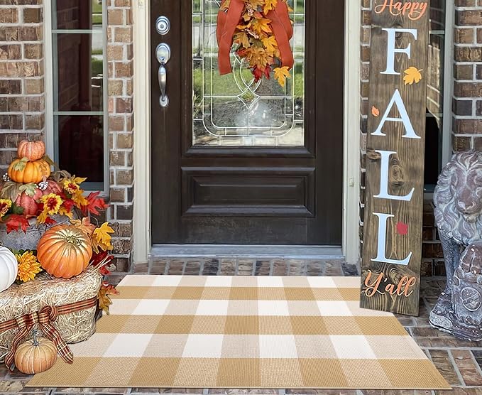 Front Door Mat Outdoor 24''x35''Khaki and White Washable Entryway Rugs Cotton Farmhouse Layered Doormat for Hello/Welcome Entryway,Porch,Bedroom,Bathroom