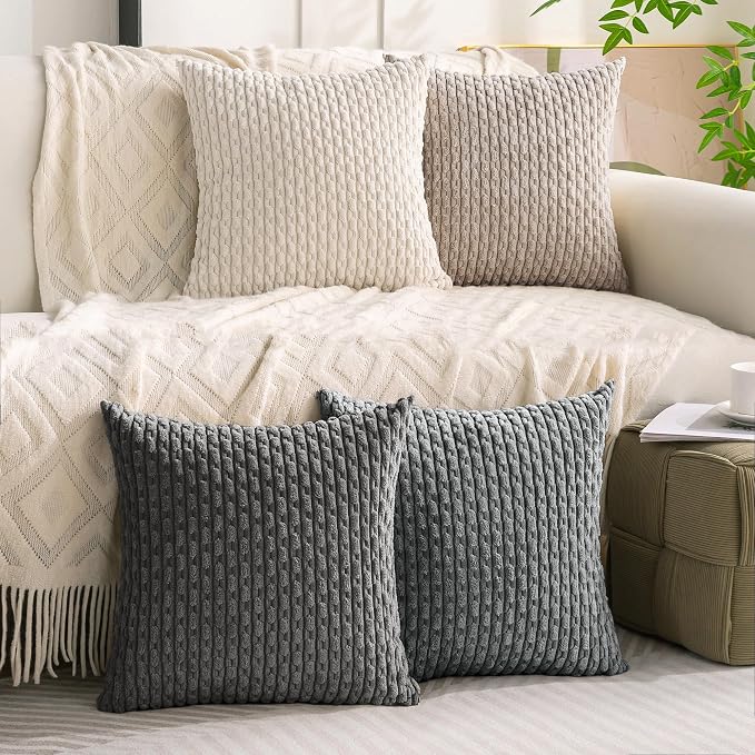 Set of 4 Grey White Taupe Decorative Throw Pillow Covers 24x24 Inch Corduroy Pillow Covers for Bed Couch Sofa Living Room Soft Square Cushion Cases