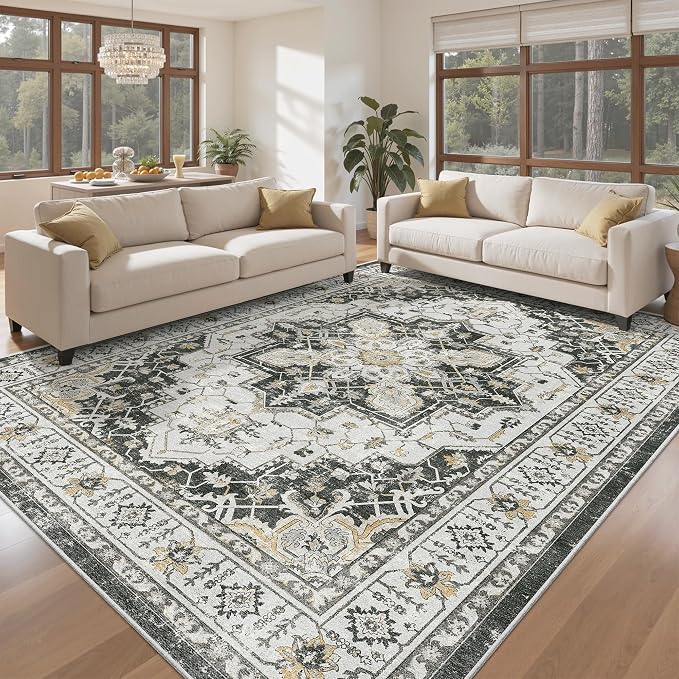 Madane 8x10 Area Rugs for Living Room, Non-Slip Vintage Washable Rug, Black | Ultra-Thin Stain Resistant Large 8'X10' Carpet, Soft Low Pile Floor Mat For Bedroom Dining Room Office Home Decor