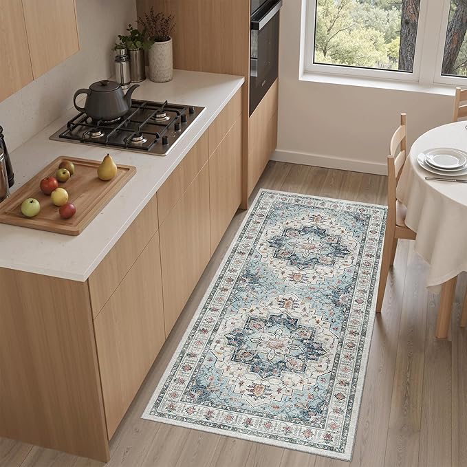 Madane Washable Area Rug 2x4, Small Entryway Rugs Non-Slip, Blue | Vintage Printed Door Mat Indoor Entrance, Low-Pile Floor Carpet Runner for Inside Front Bedroom Kitchen Entry Laundry, Stair