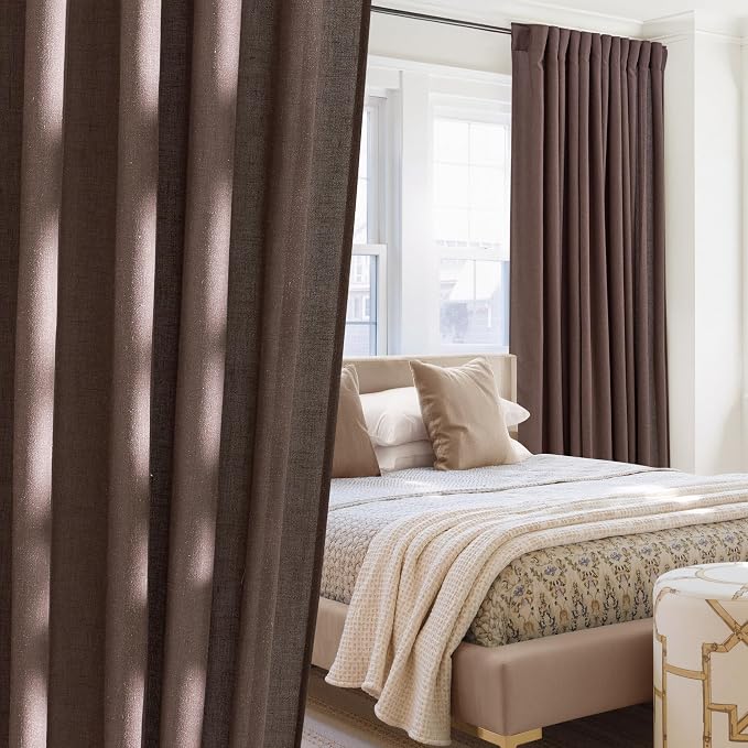 NICETOWN Linen Brown Semi Sheer Curtains for Bedroom, Rod Pocket & Back Tab Privacy Added Thick Flax Linen Blend with Light Filtering Window Treatments for Living Room, W55 x L96, 2 Panels