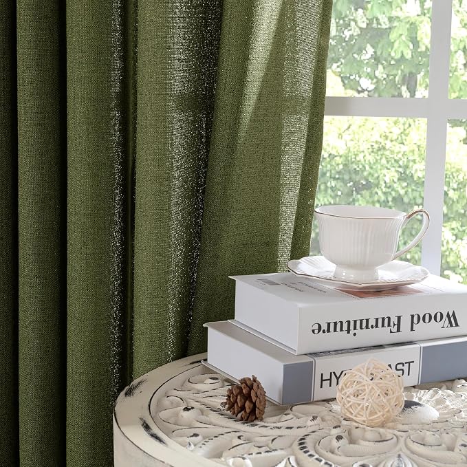 YoungsTex Olive Linen Curtains 63 Inch Length 2 Panels for Living Room Window, Dark Green Semi Sheer Drapes Light Filtering with Bronze Grommet for Bedroom Office, 42 X 63 Inch