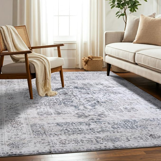 Machine Washable Area Rug, Soft & Durable, Non-Slip, Stain Resistant Rug for Bedroom, Living Room, Dining Room, High Traffic Areas. (Grey/Soft Taupe, 8' X 10')