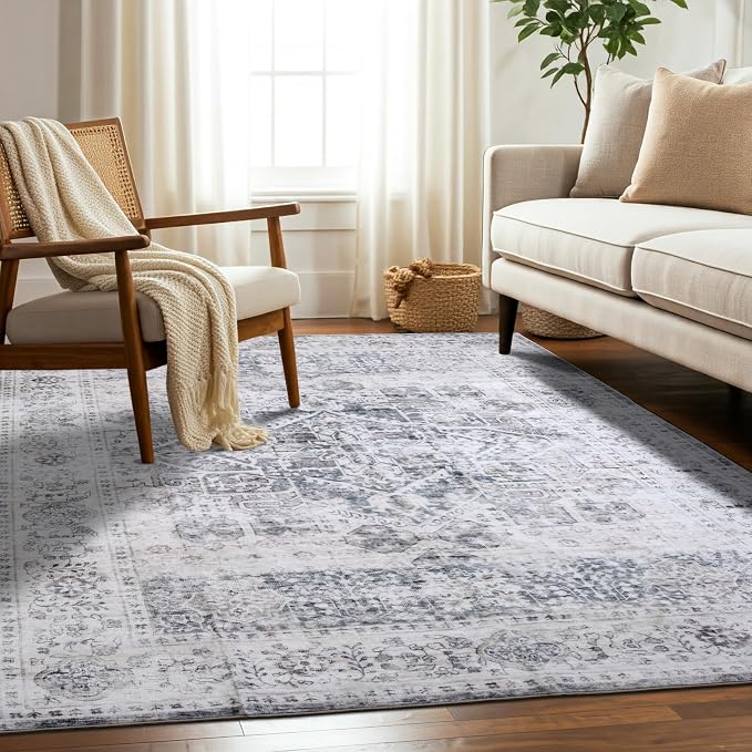 Machine Washable Area Rug, Soft & Durable, Non-Slip, Stain Resistant Rug for Bedroom, Living Room, Dining Room, High Traffic Areas. (Grey/Soft Taupe, 9' X 12')