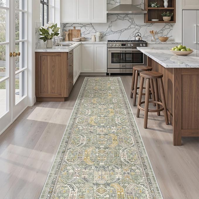 Madane Washable Runner Rugs 2x12 Long for Hallway Kitchen Soft, Green/Gold | Non-Slip Vintage Printed 12ft Rug Runners with Rubber Backing, Low-Pile Floor Carpet Laundry Room Entryway, Corridor